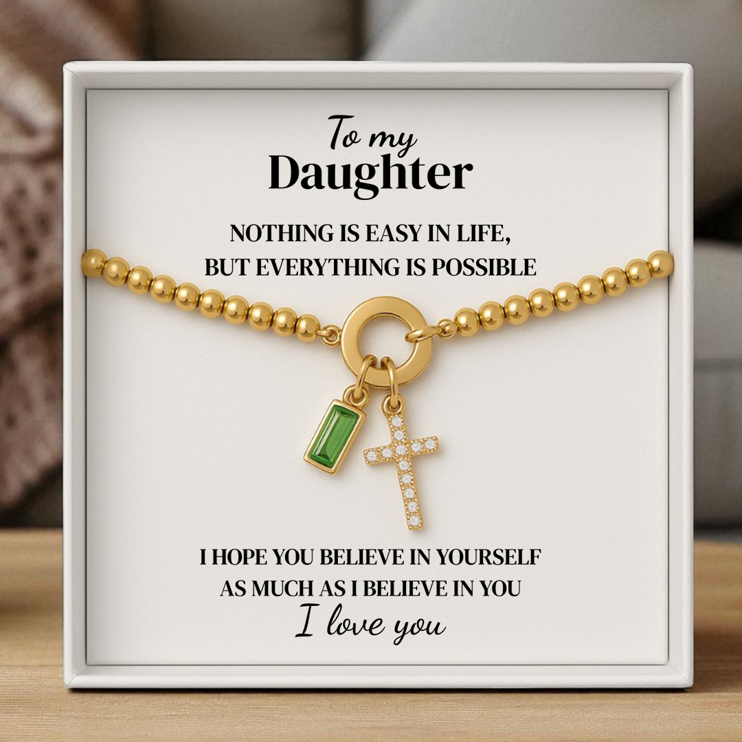 To my Daughter - Beaded Birthstone Cross Charm Bracelet